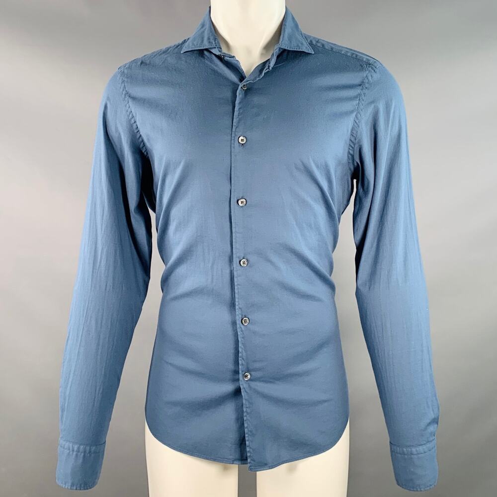 FEDELI Size M Blue Cotton Blend Spread Collar Long Sleeve Shirt